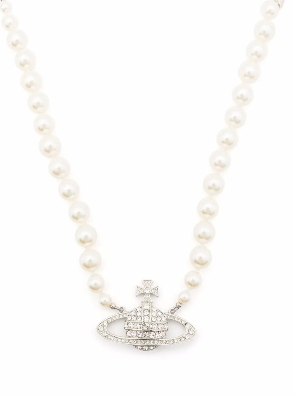 Vivienne Westwood One Row Pearl Bas Relief Platinum Cream Crystal Wit