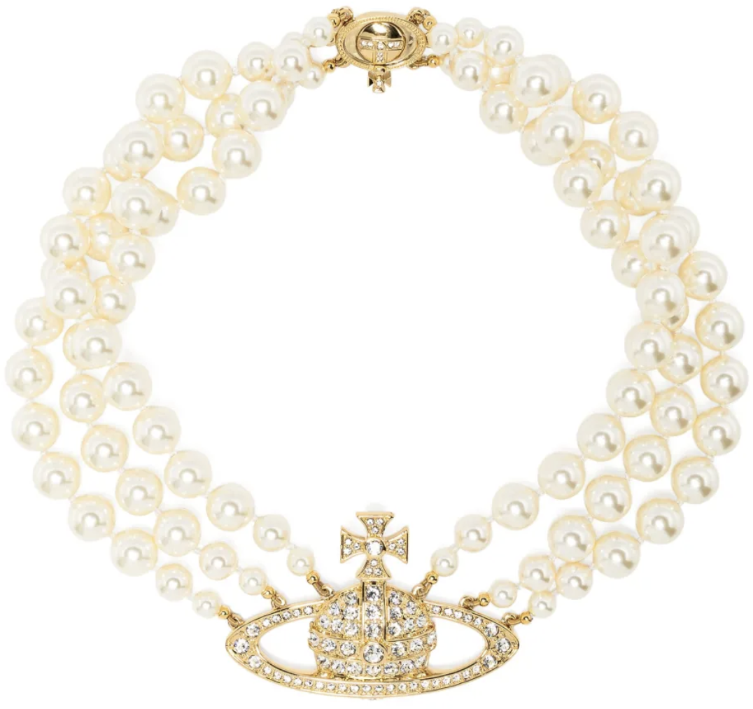Vivienne Westwood Three Row Pearl Bas Relief Gold Pearl Crystal Divers