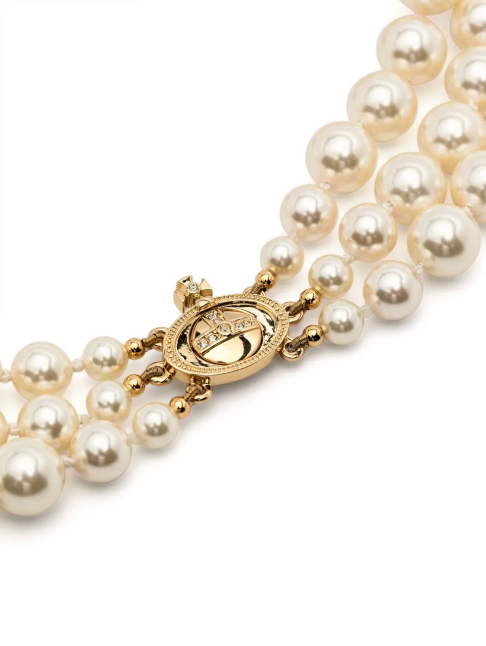 Vivienne Westwood Three Row Pearl Bas Relief Gold Pearl Crystal Divers