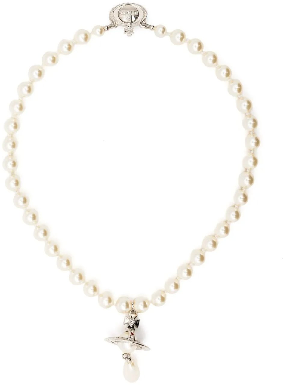 Vivienne Westwood One Row Pearl Drop Choker Platinum Pearl Multi Zilver