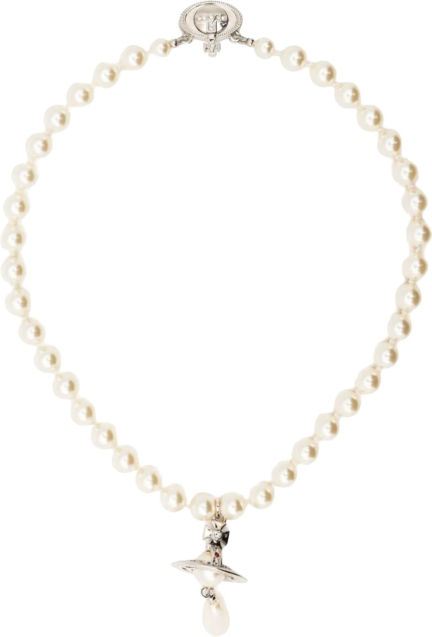 Vivienne Westwood One Row Pearl Drop Choker Platinum Pearl Multi Zilver