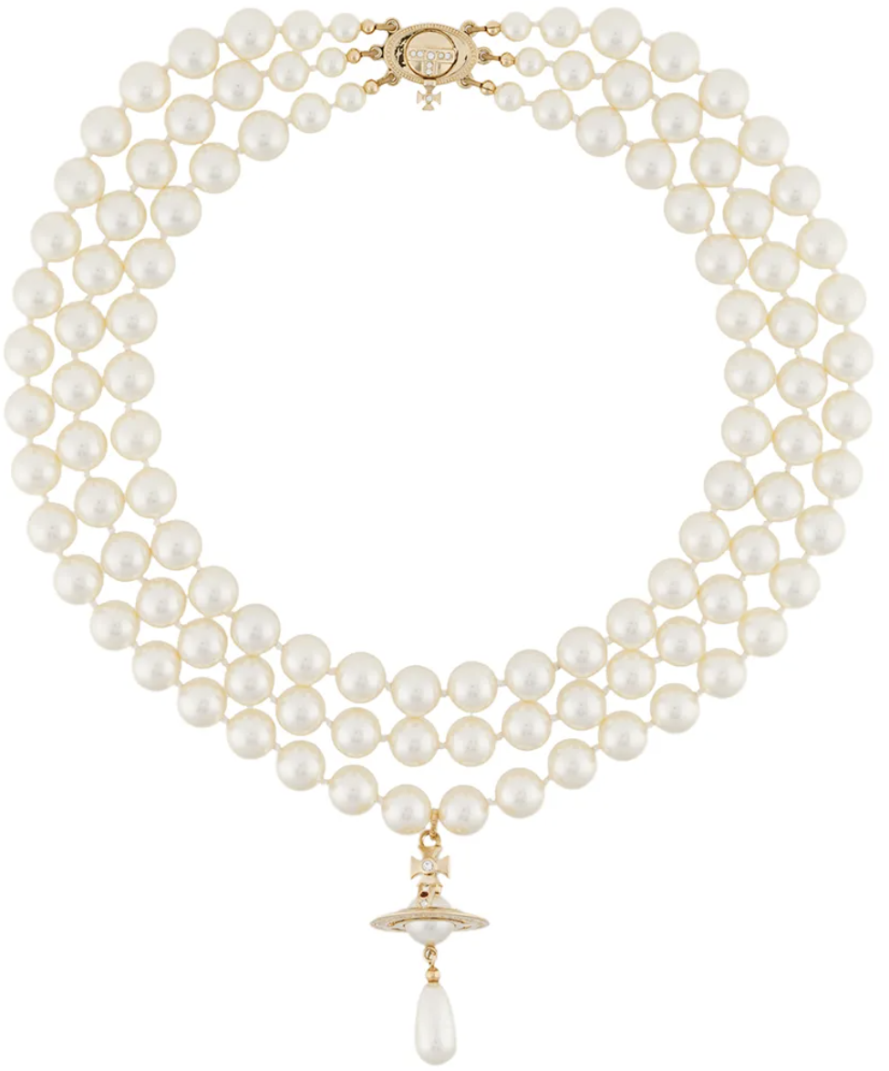 Vivienne Westwood Three Row Pearl Drop Choker Gold Pearl Multi Divers