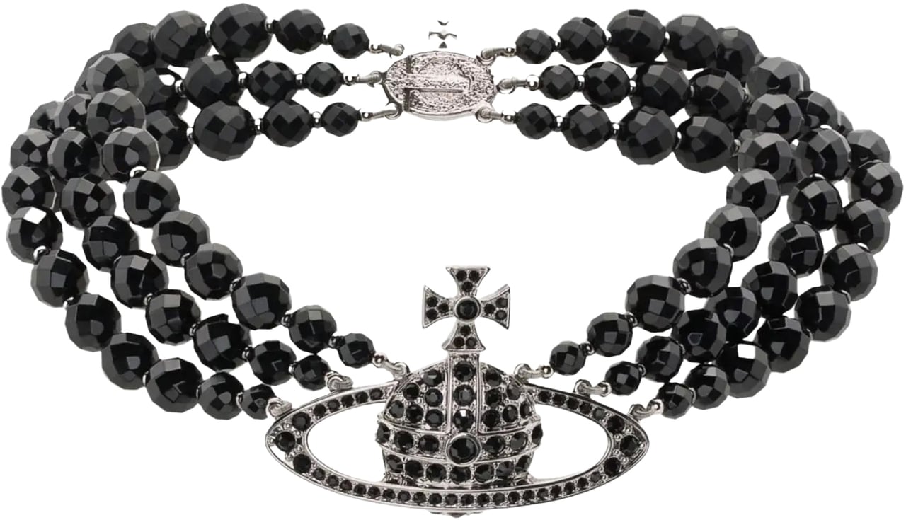 Vivienne Westwood Messaline 3 Row Choker Platinum/ruthenium/black Agate Zwart