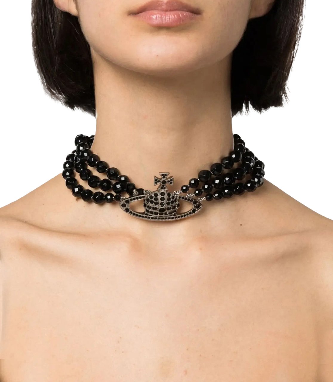 Vivienne Westwood Messaline 3 Row Choker Platinum/ruthenium/black Agate Zwart