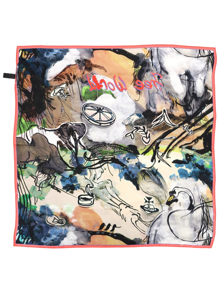 Vivienne Westwood Free World Abstract Painterly Silk Scarf Grijs