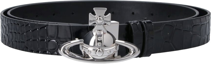 Vivienne Westwood Black Sleek Polished Minimalist Leather Belt Zwart