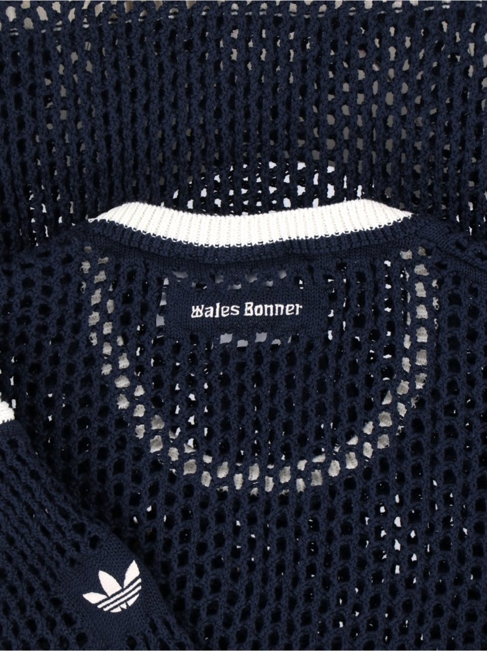 Wales Bonner Navy Crochet T-Shirt With White Trefoil Logo Blauw