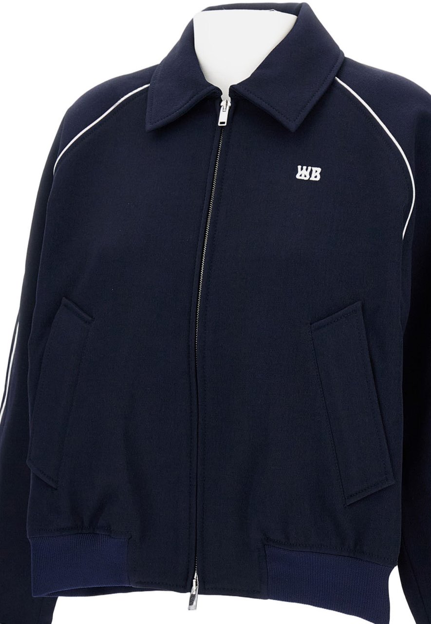 Wales Bonner Cropped Full-Zip Jacket With Pointed Collar And Embroidered Logo Blauw