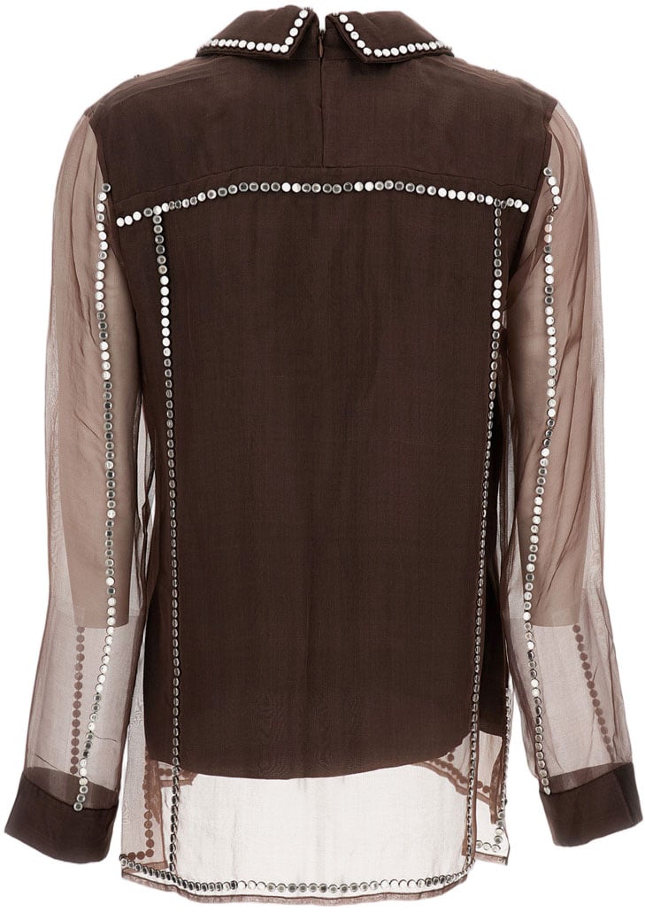 Wales Bonner Silk Organza V-Neck Shirt With Metal Stud Embellishments Bruin
