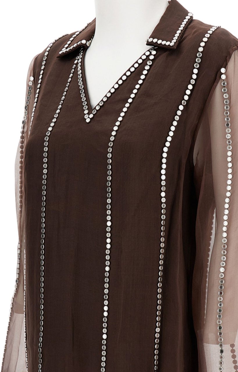Wales Bonner Silk Organza V-Neck Shirt With Metal Stud Embellishments Bruin