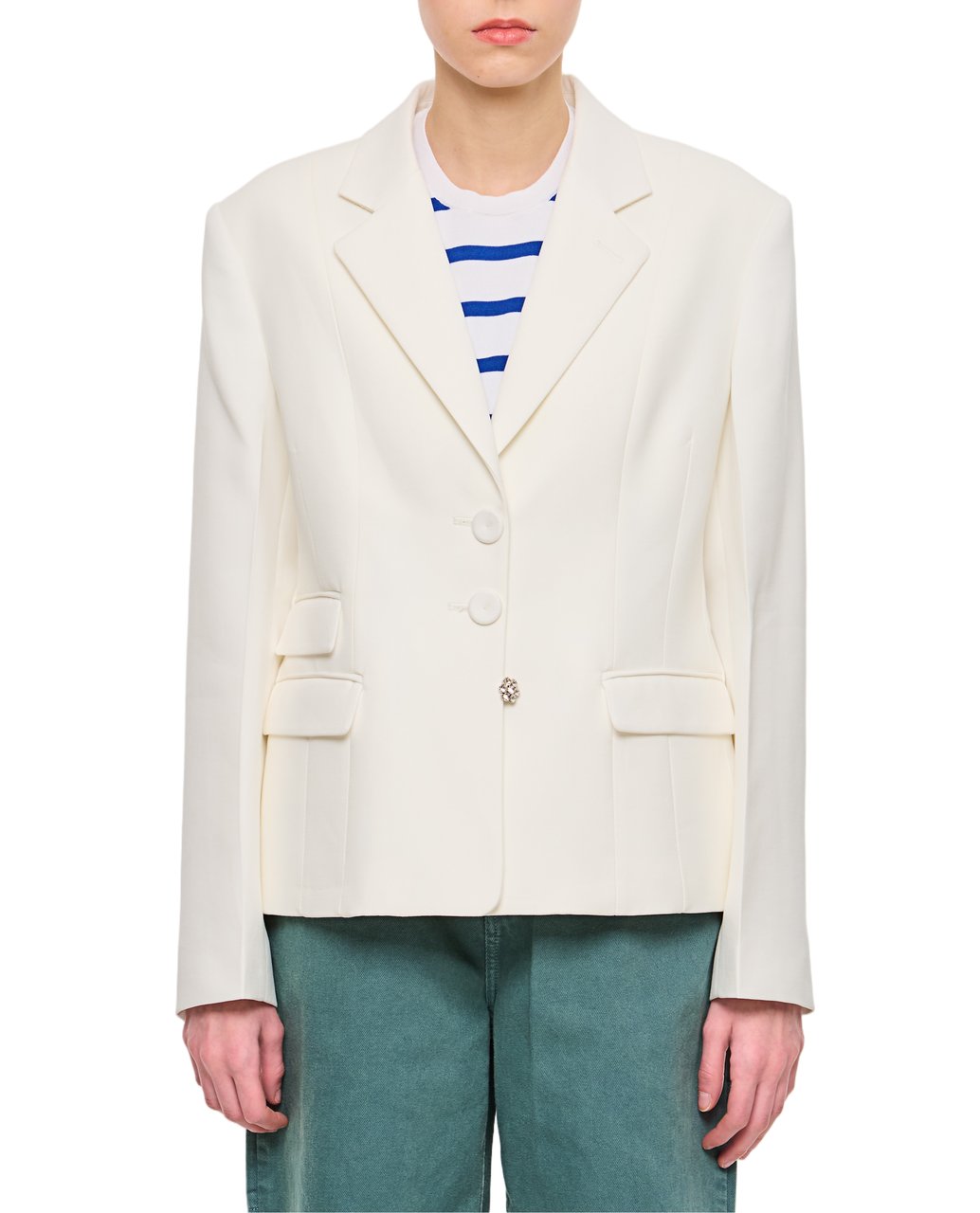 Wales Bonner Fitted White Jacket With Crystal Flower Detail Wit