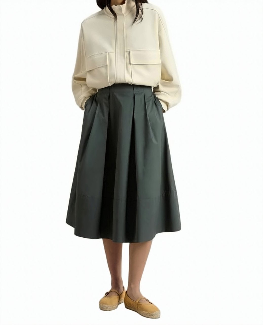 Woolrich Pure Cotton Poplin Front Pleated Skirt Grijs