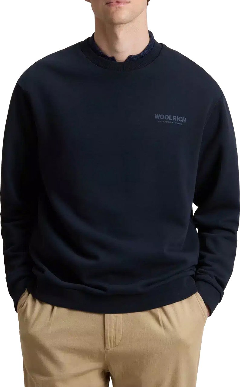 Woolrich Macro Logo Crewneck Melton Blue Blauw