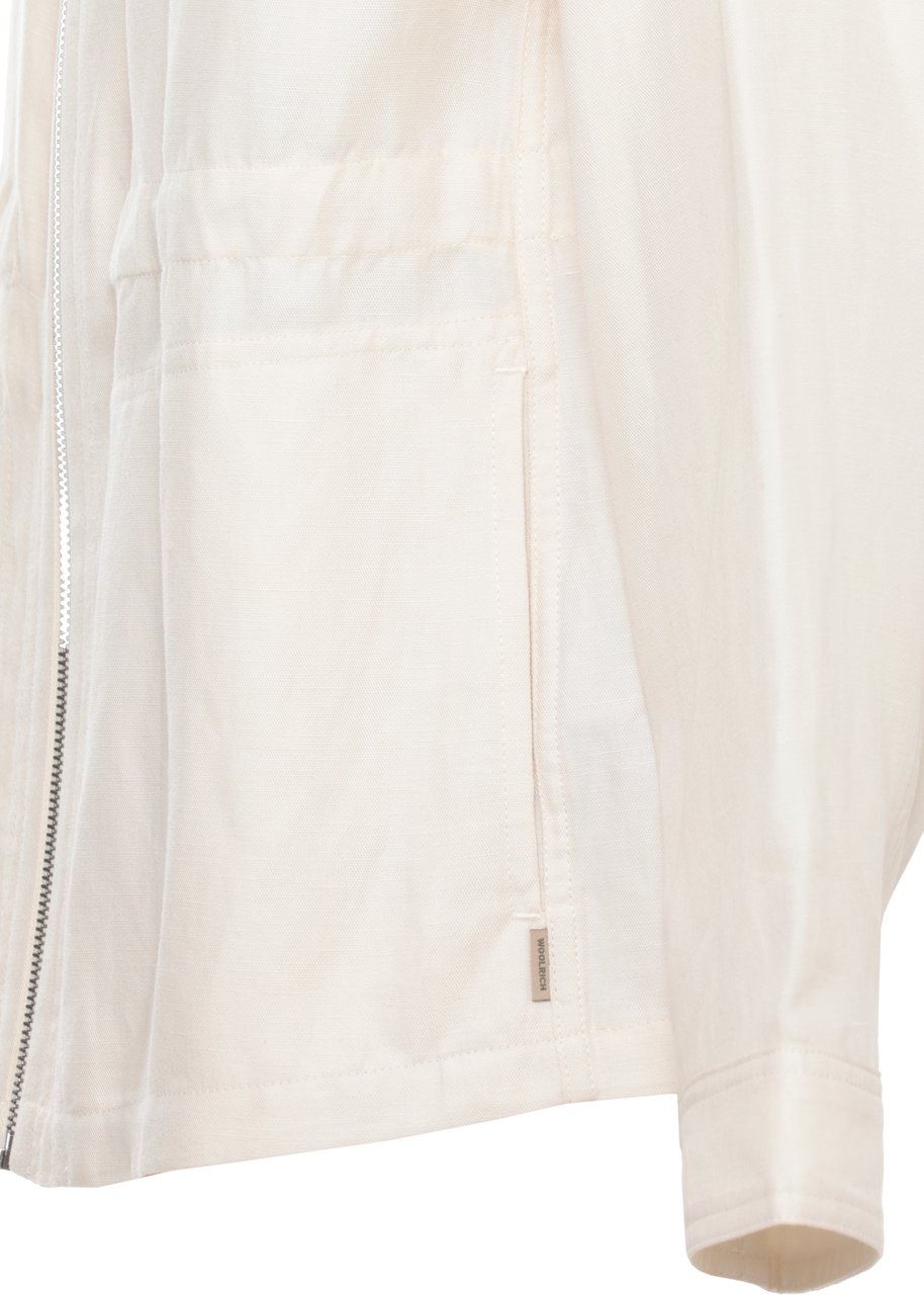 Woolrich Minimalist Ivory Linen Blend Jacket With Zip Closure Neutraal