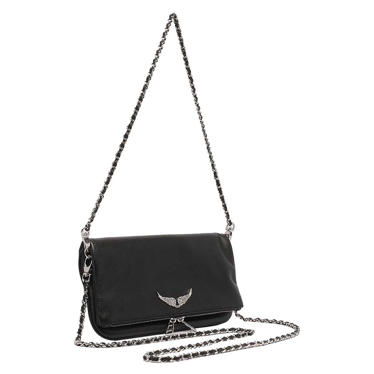 Zadig&Voltaire Rectangular Pebbled Shoulder Bag with Metallic Wing Emblem Wit