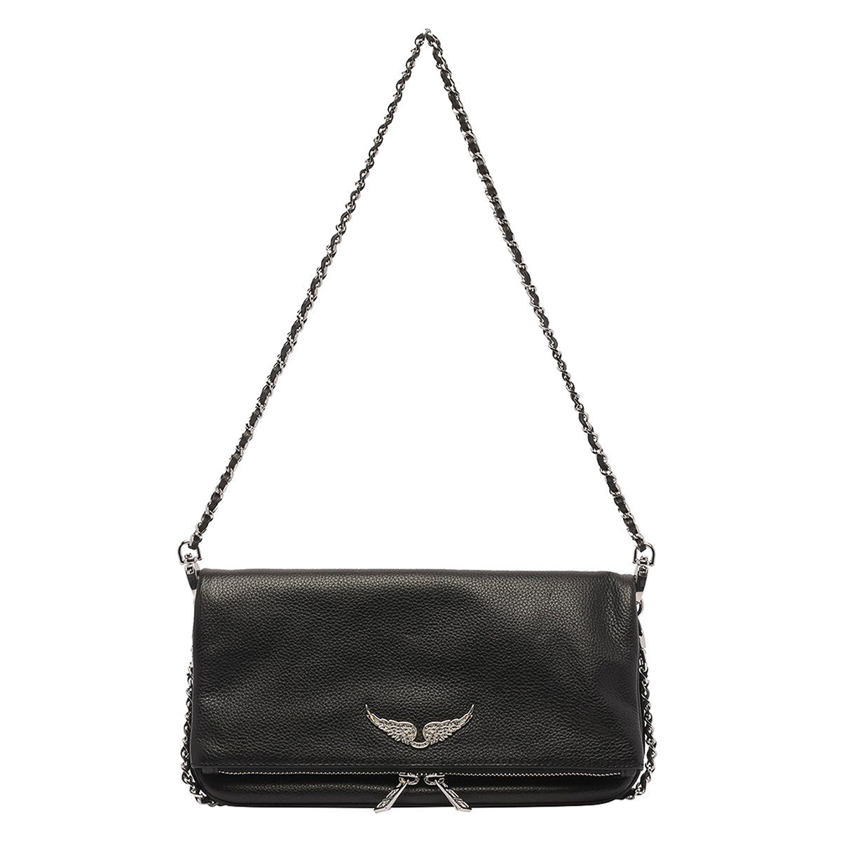 Zadig&Voltaire Rectangular Pebbled Shoulder Bag with Metallic Wing Emblem Wit