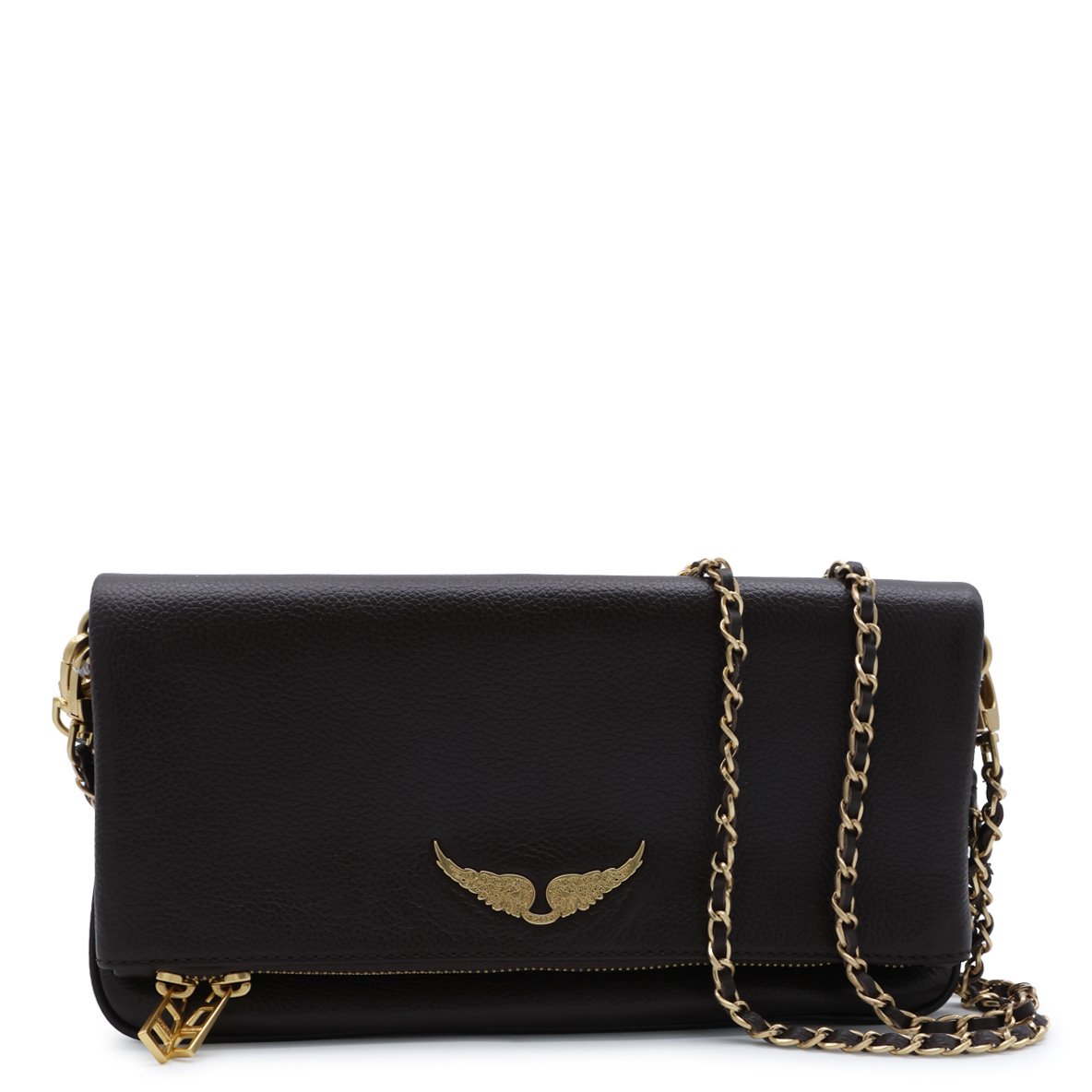 Zadig&Voltaire Rectangular Textured Leather Bag with Gold-Tone Winged Emblem Zwart