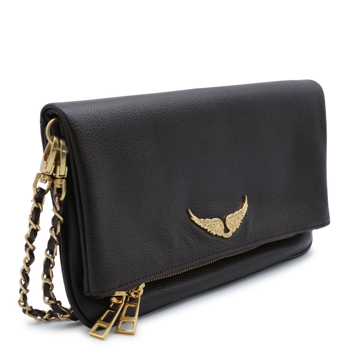 Zadig&Voltaire Rectangular Textured Leather Bag with Gold-Tone Winged Emblem Zwart