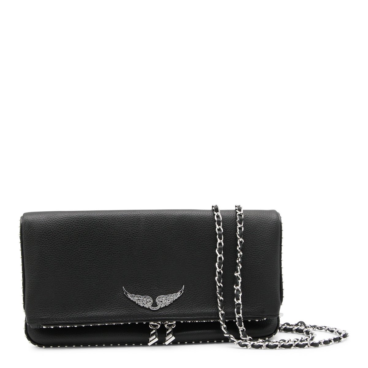 Zadig&Voltaire Textured Black Flap Bag with Metallic Wing Emblem Zwart