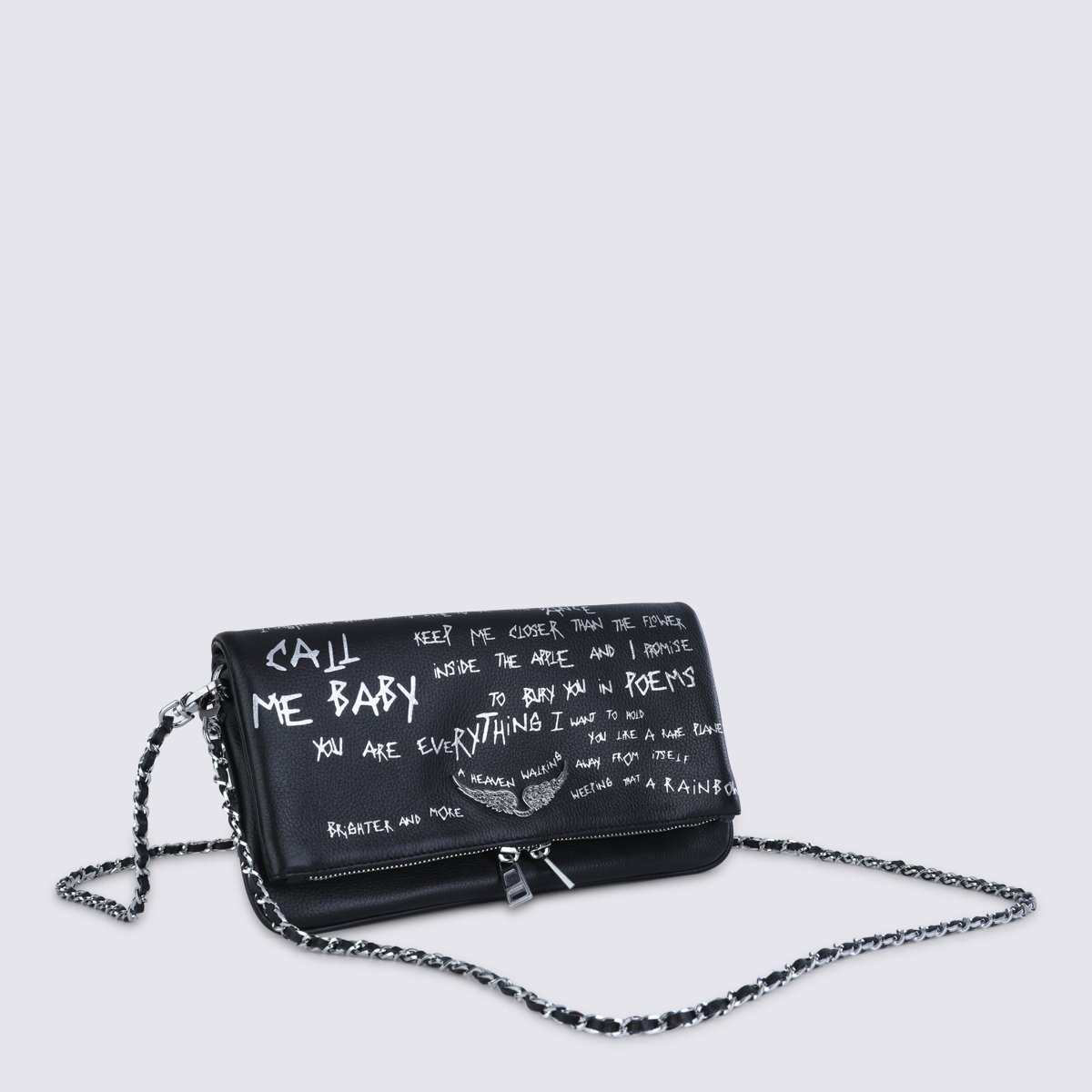 Zadig&Voltaire Graffiti-Print Leather Shoulder Bag with Chain-Link Strap Zwart