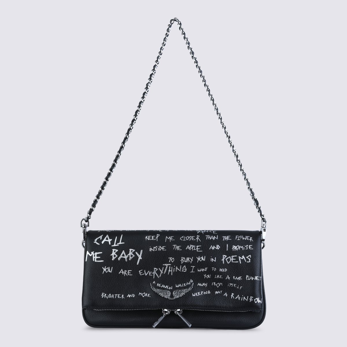 Zadig&Voltaire Graffiti-Print Leather Shoulder Bag with Chain-Link Strap Zwart