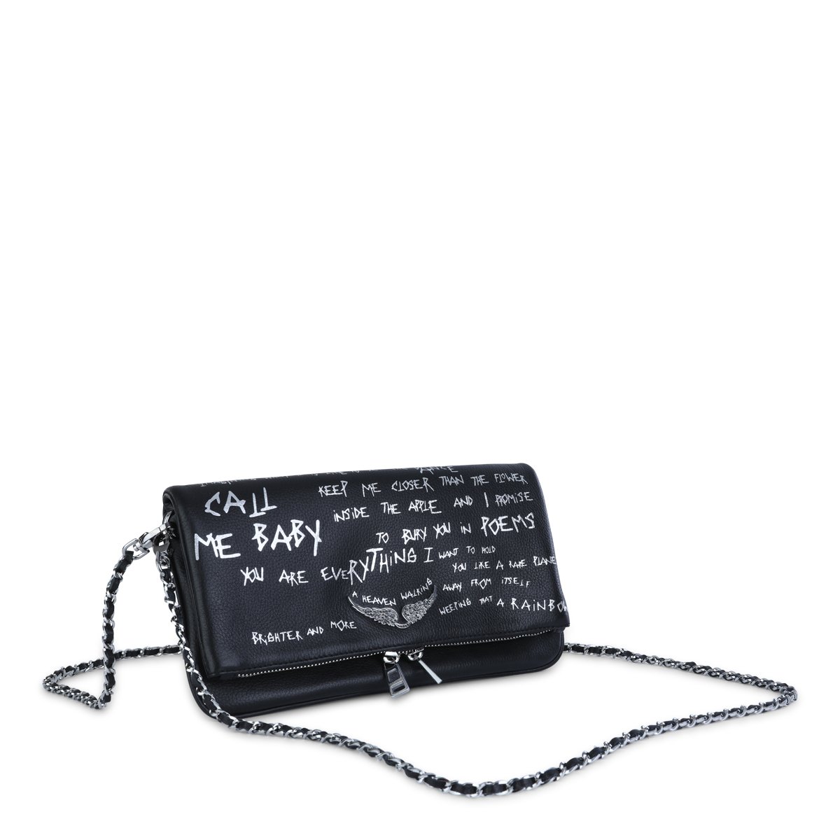 Zadig&Voltaire Graffiti-Print Leather Shoulder Bag with Chain-Link Strap Zwart