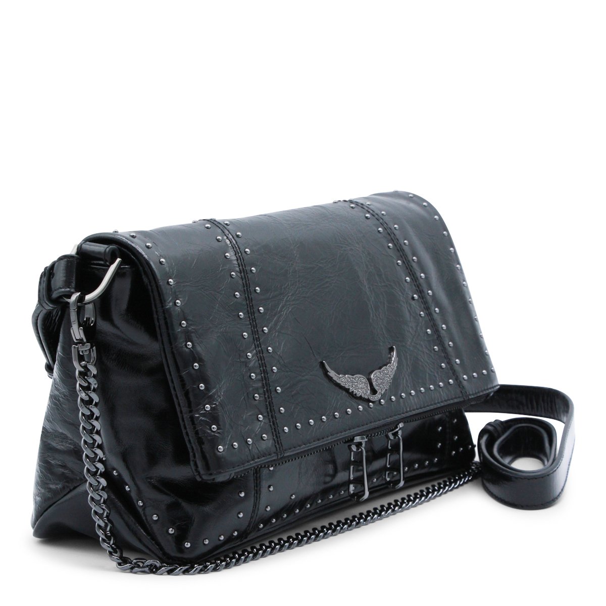 Zadig&Voltaire Black Leather Rock Ii Vintage Patent Studs Shoulder Bag Zwart