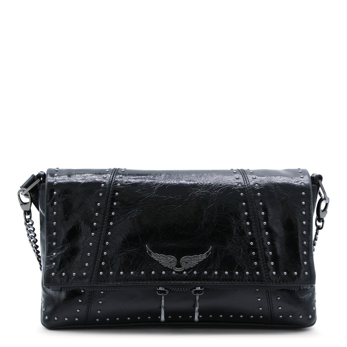 Zadig&Voltaire Black Leather Rock Ii Vintage Patent Studs Shoulder Bag Zwart