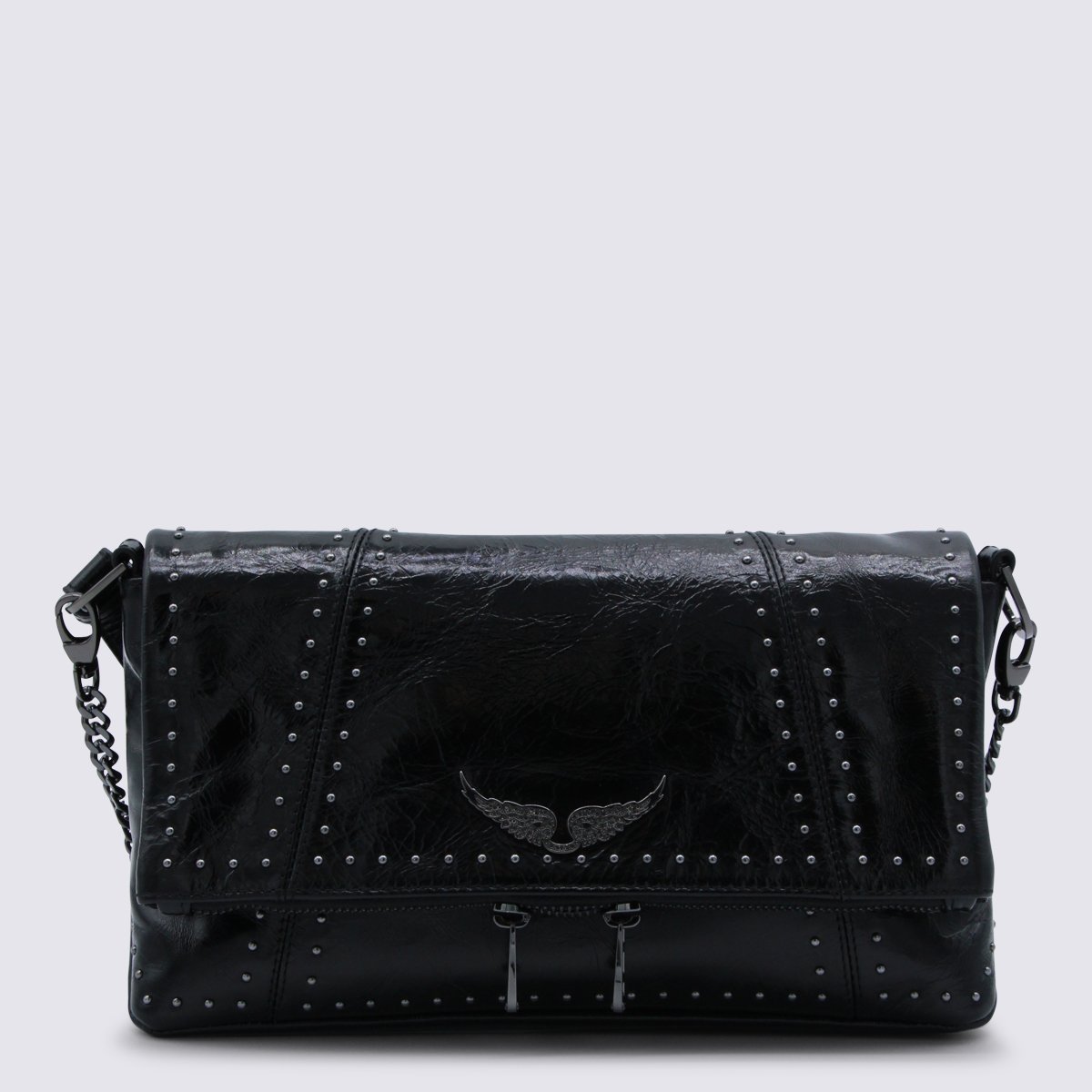 Zadig&Voltaire Black Leather Rock Ii Vintage Patent Studs Shoulder Bag Zwart