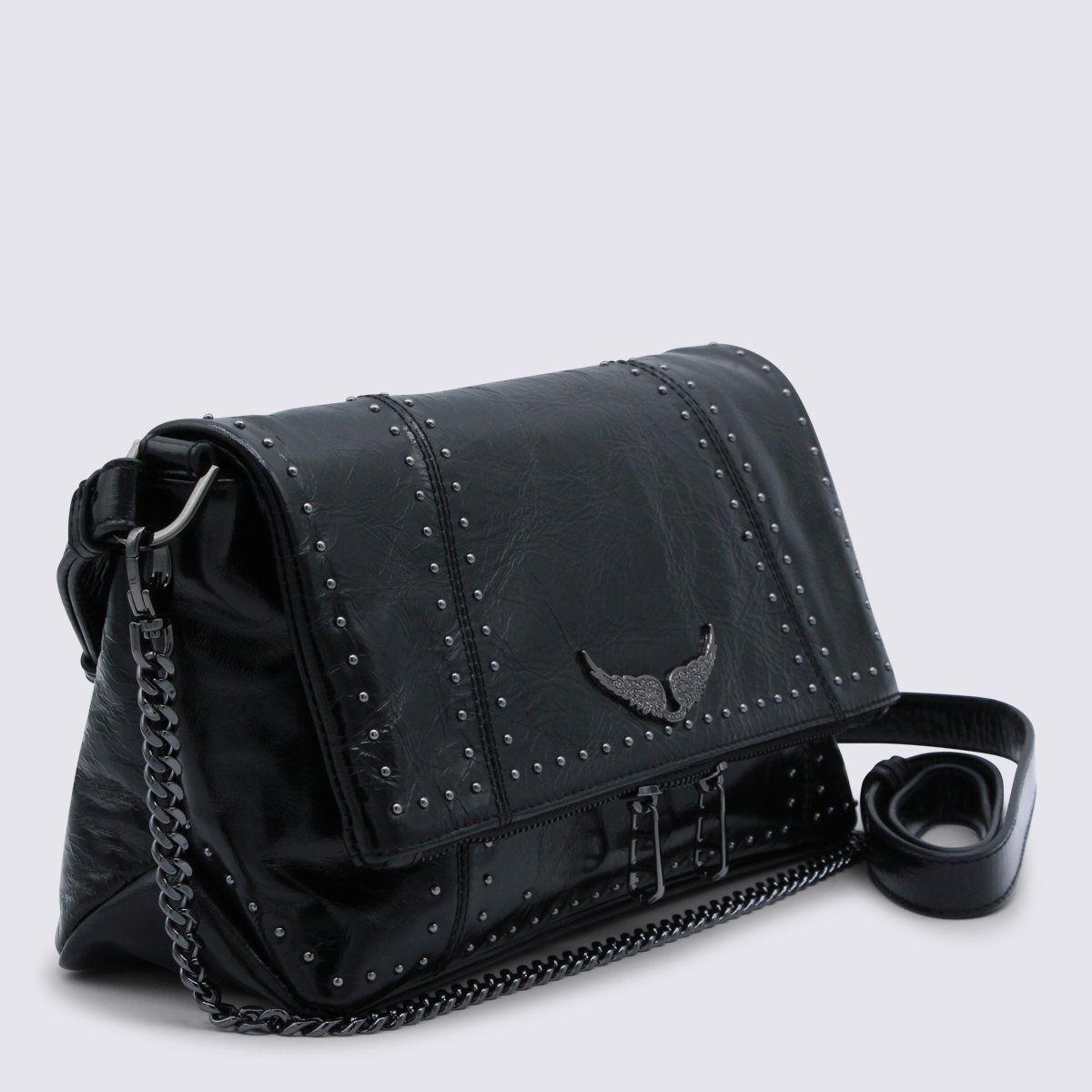 Zadig&Voltaire Black Leather Rock Ii Vintage Patent Studs Shoulder Bag Zwart