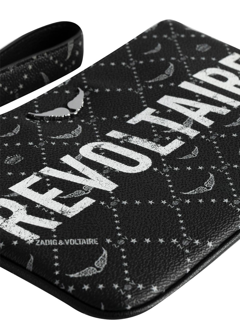Zadig&Voltaire Rectangular Black Textured Wristlet Clutch with Distressed Logo Zwart