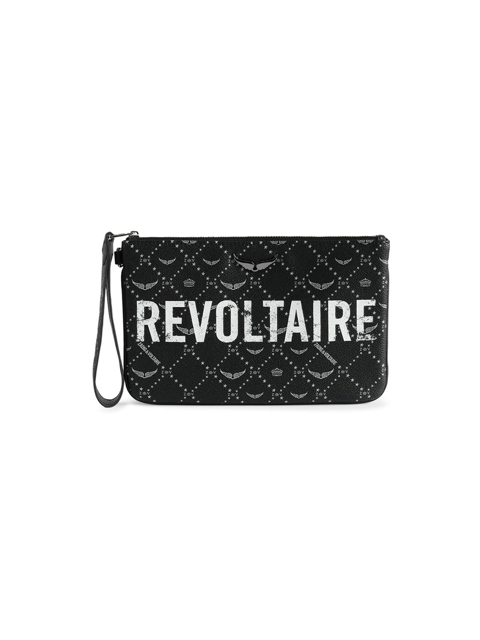 Zadig&Voltaire Rectangular Black Textured Wristlet Clutch with Distressed Logo Zwart