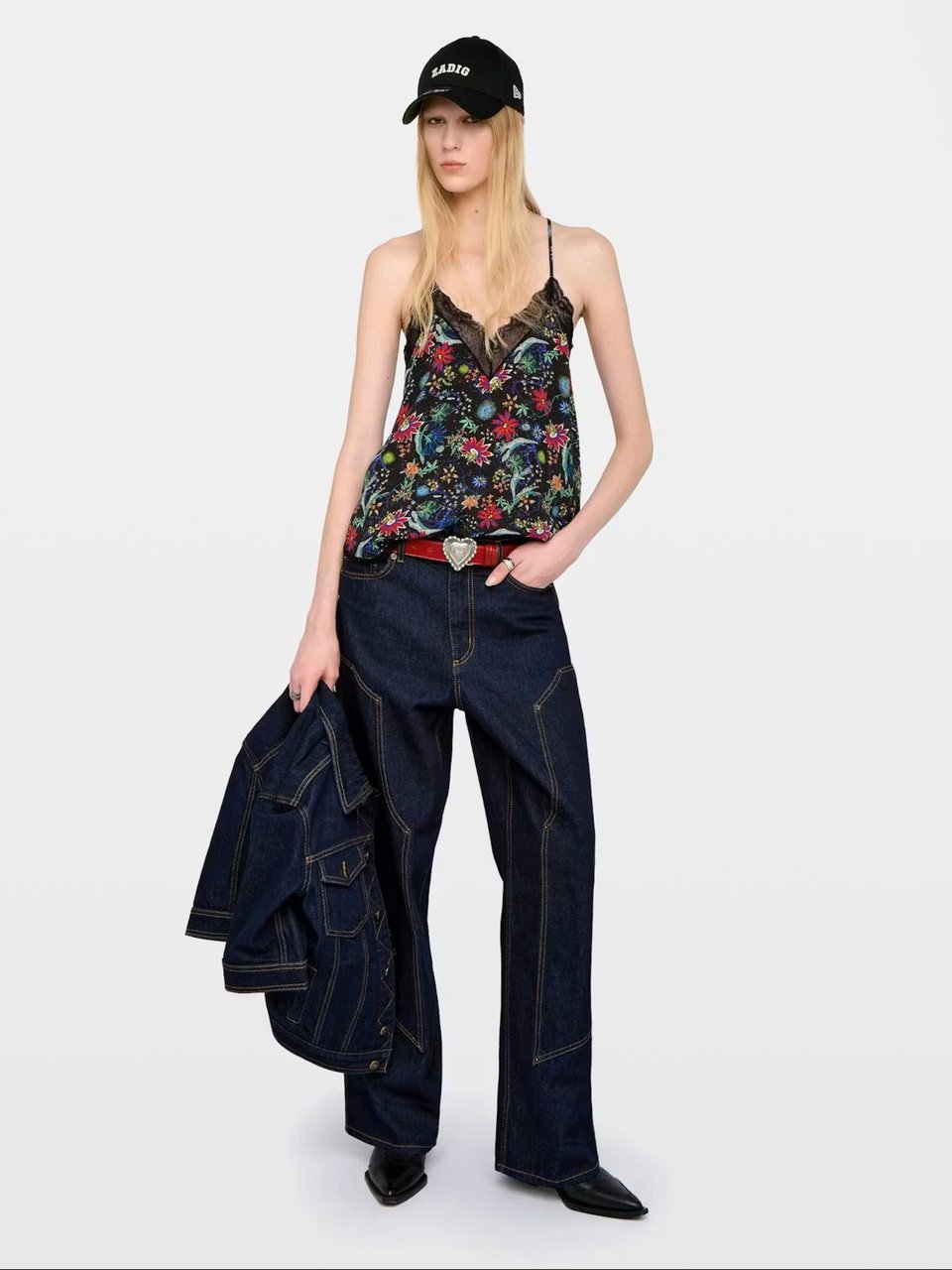 Zadig&Voltaire Sleeveless Top with Lace-Trimmed V-Neckline and Floral Print Grijs