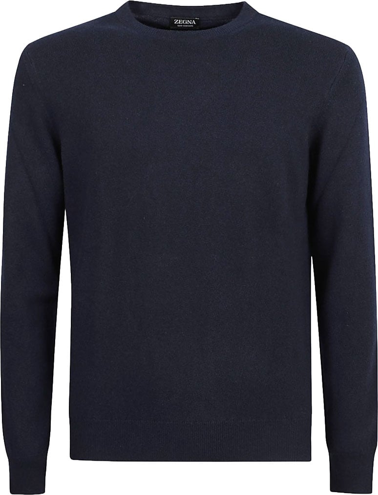 Zegna Crew Neck Cashmere Sweater With Ribbed Cuffs Zwart