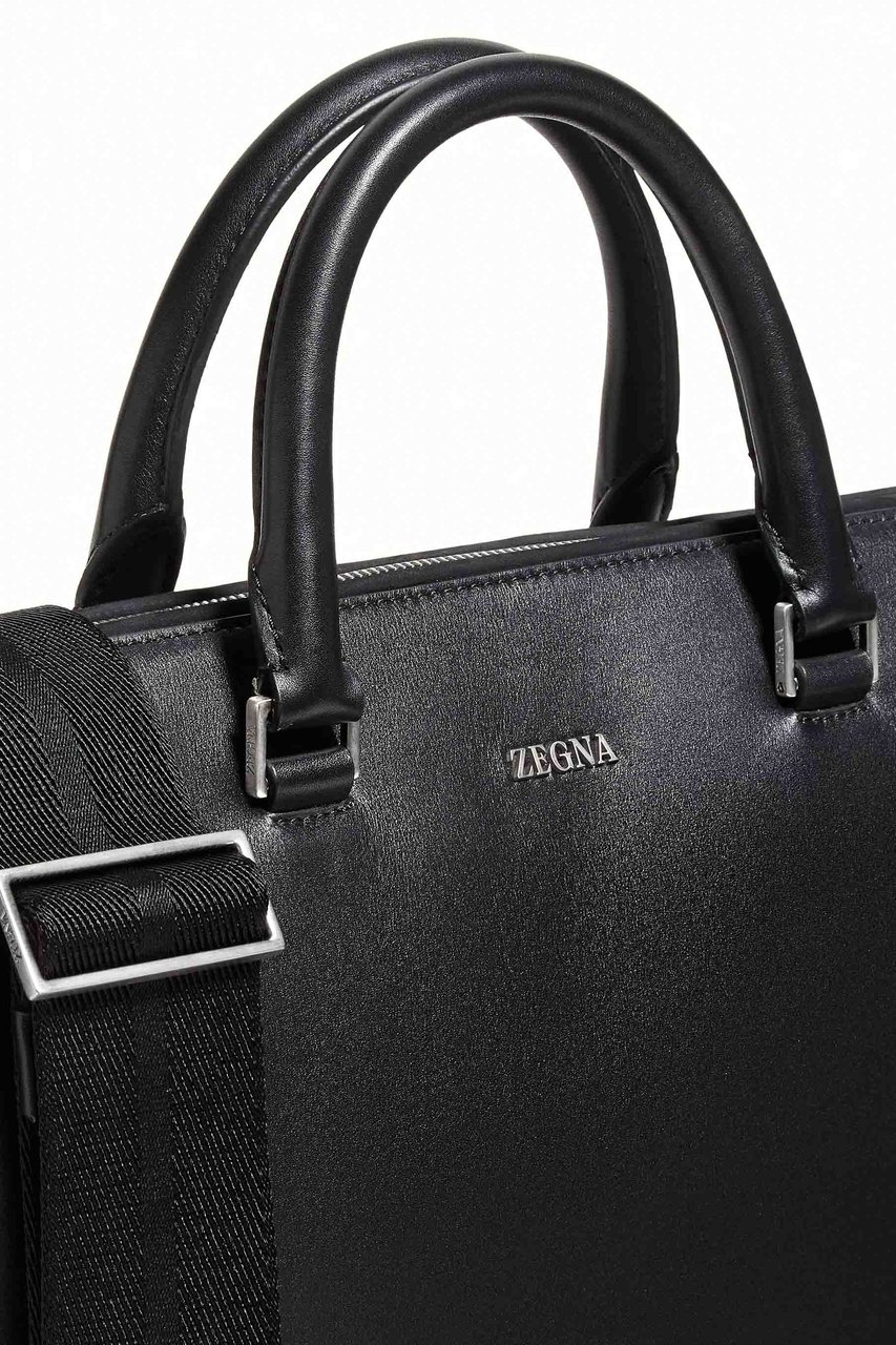 Zegna Calf Leather Briefcase Zwart