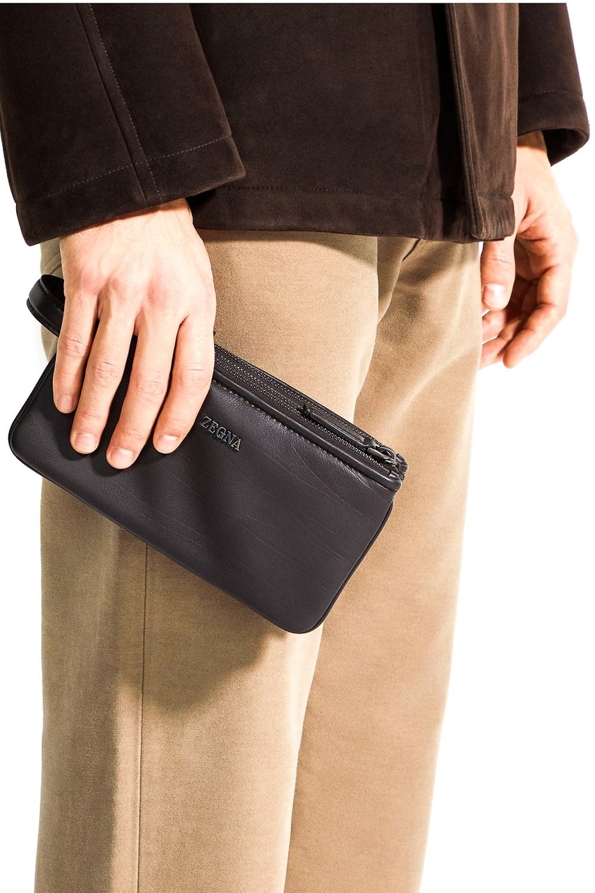 Zegna Second Skin Leather Pouch Grijs