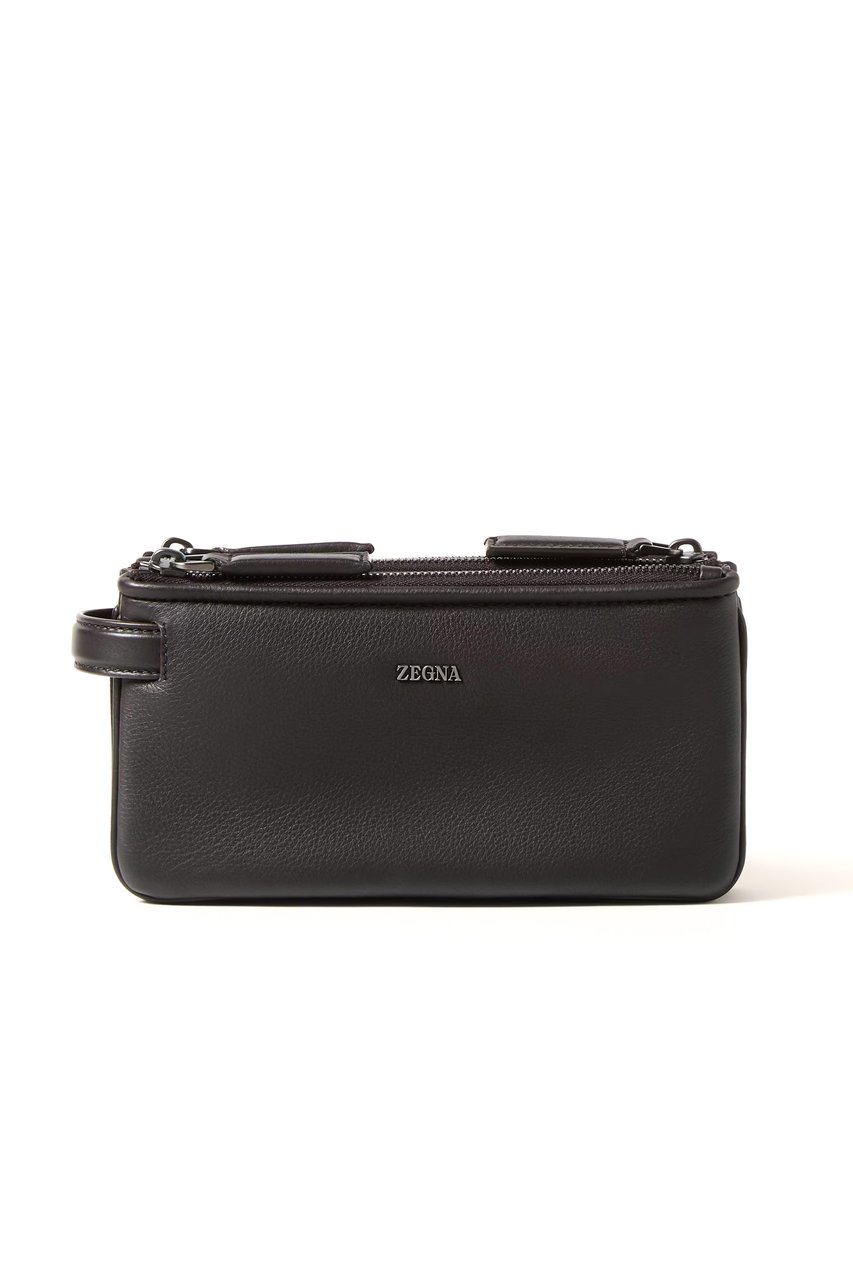 Zegna Pouch 3 Zip In Pelle Second Skin Zwart