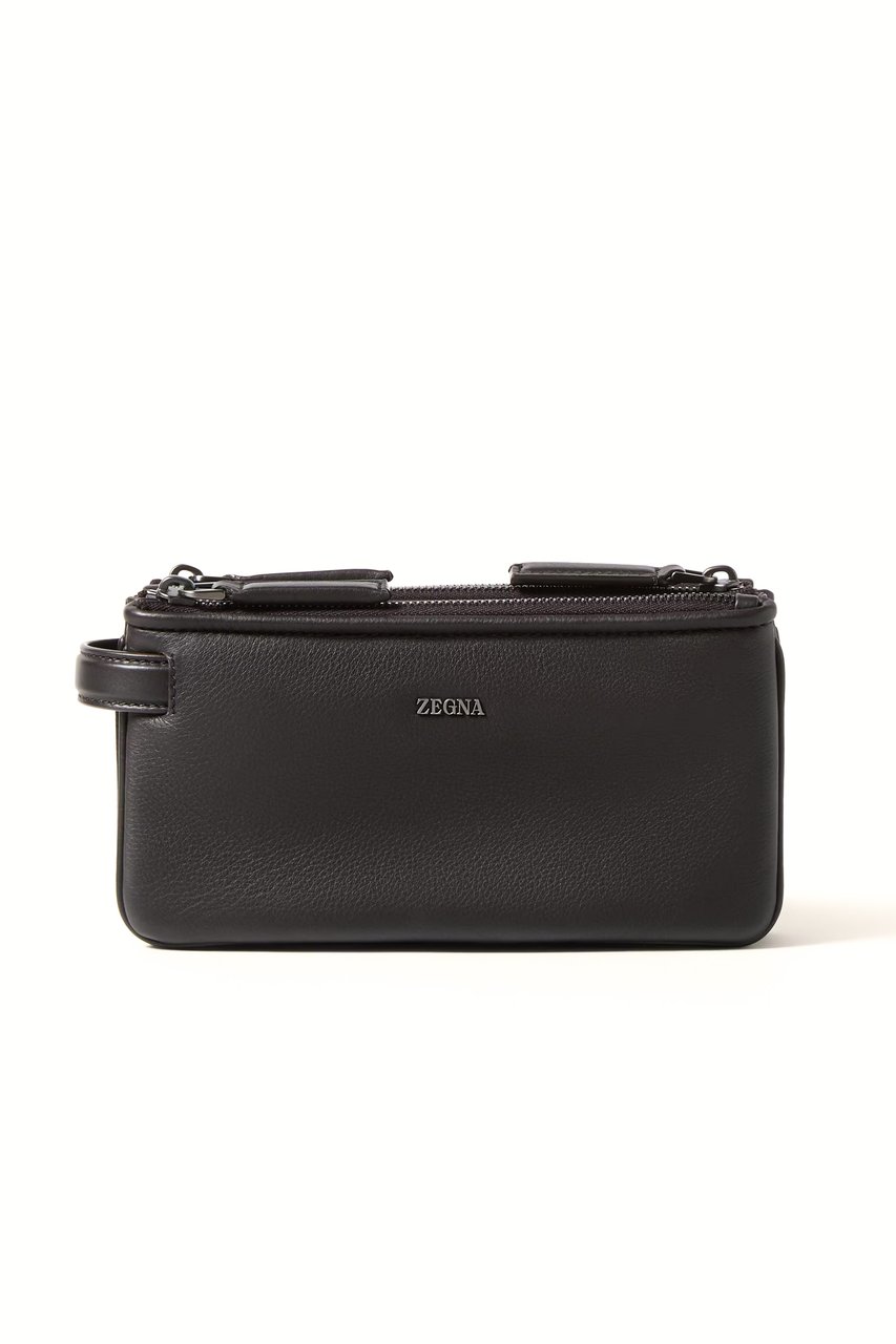 Zegna Pouch 3 Zip In Pelle Second Skin Zwart