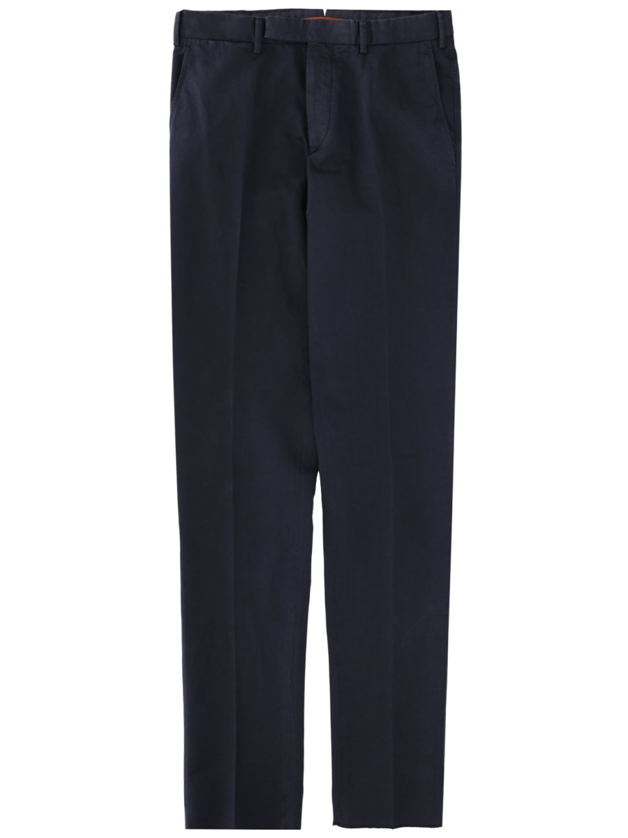Zegna Navy Cotton-Linen Flat Front Tailored Pants Zwart