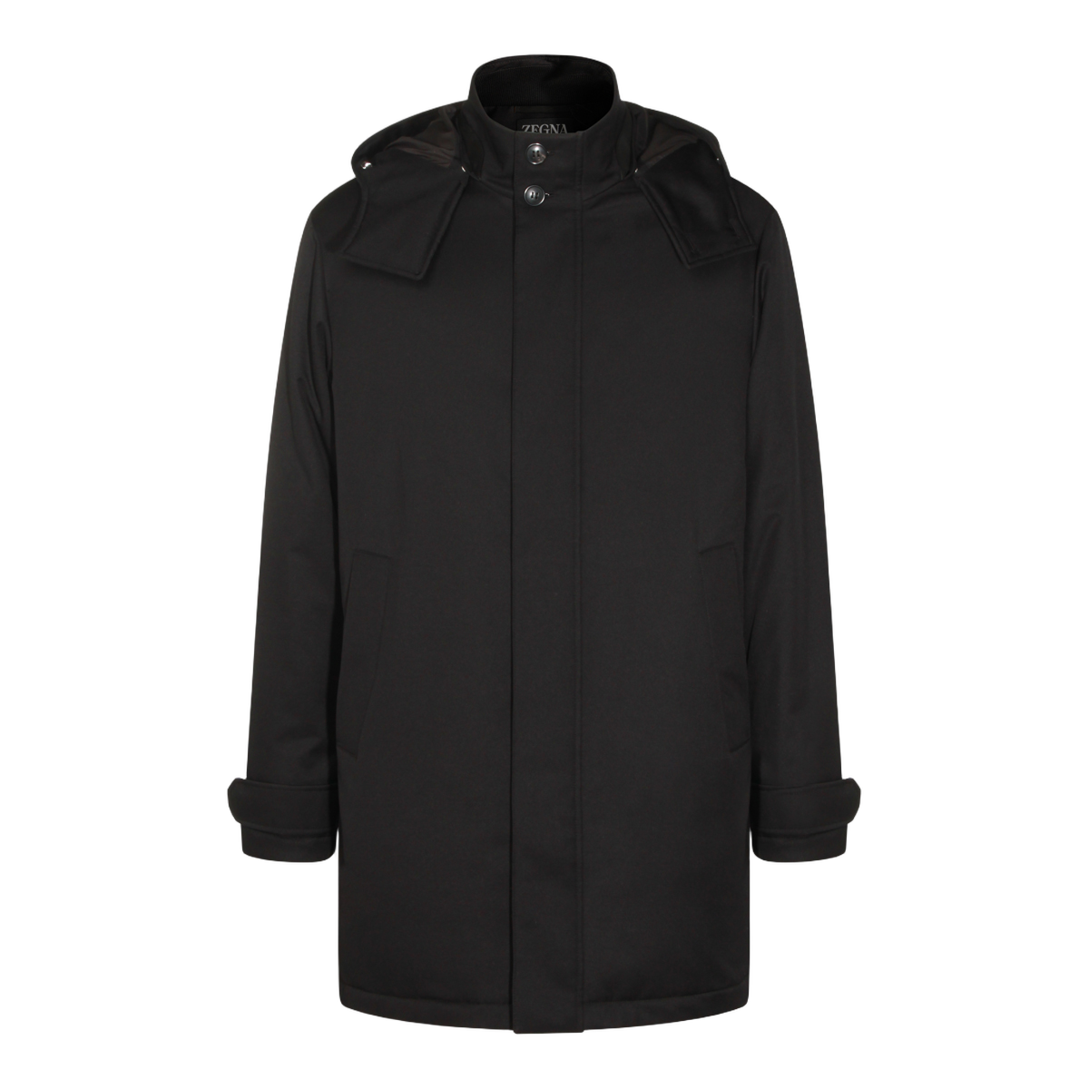 Zegna High-Collared Black Coat with Detachable Hood Zwart