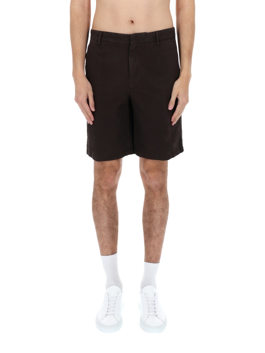 Zegna Tailored Cotton-Linen Flat Front Shorts Zwart