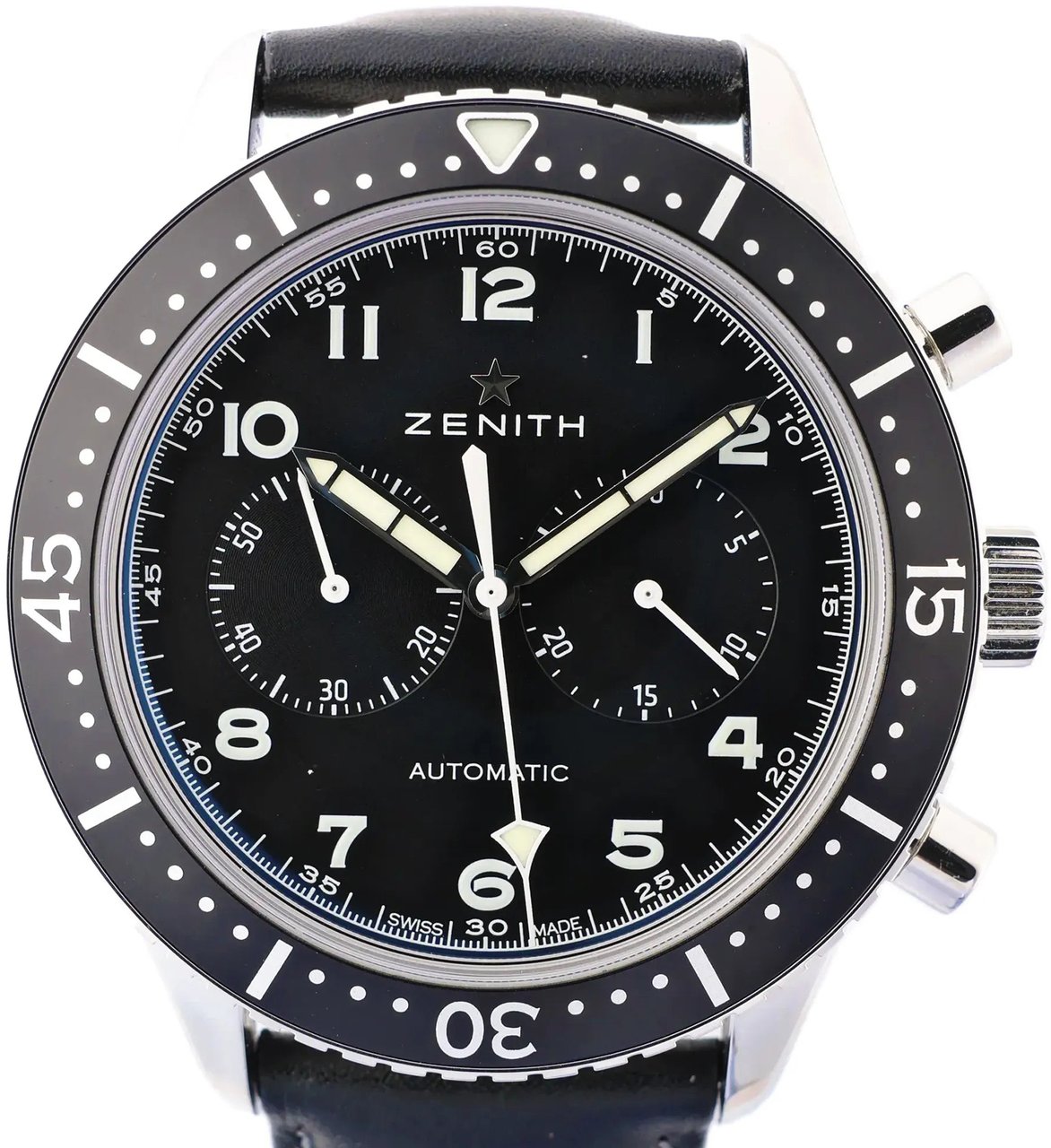 Zenith Zenith Chronometro TIPO CP-2 03.2240.4069 SS x Leather AT Watch with Black Dial Zwart
