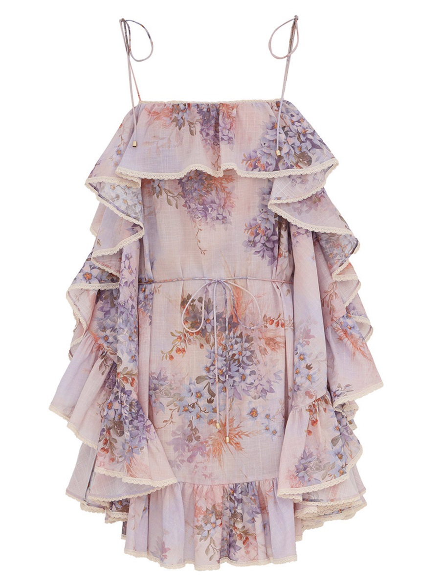Zimmermann Cascadian Ruffle Floral Cotton Mini Dress Roze