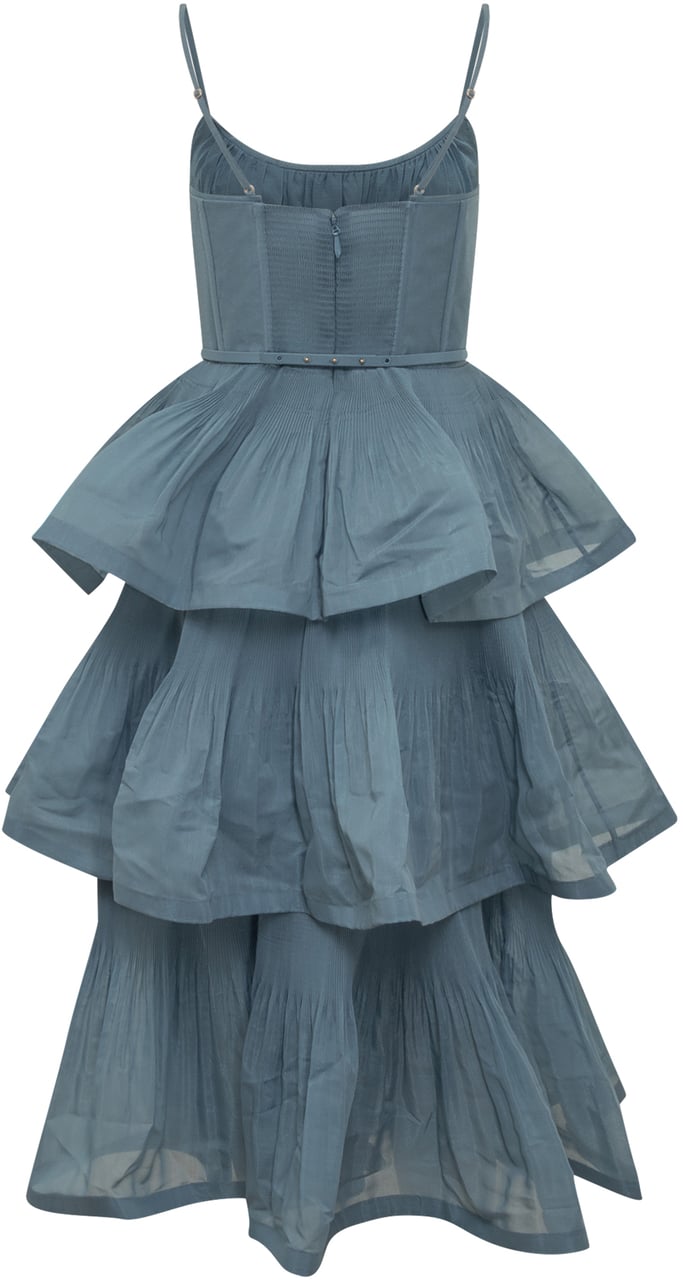 Zimmermann Abito Midi Con Balze E Spalline Sottili Navy