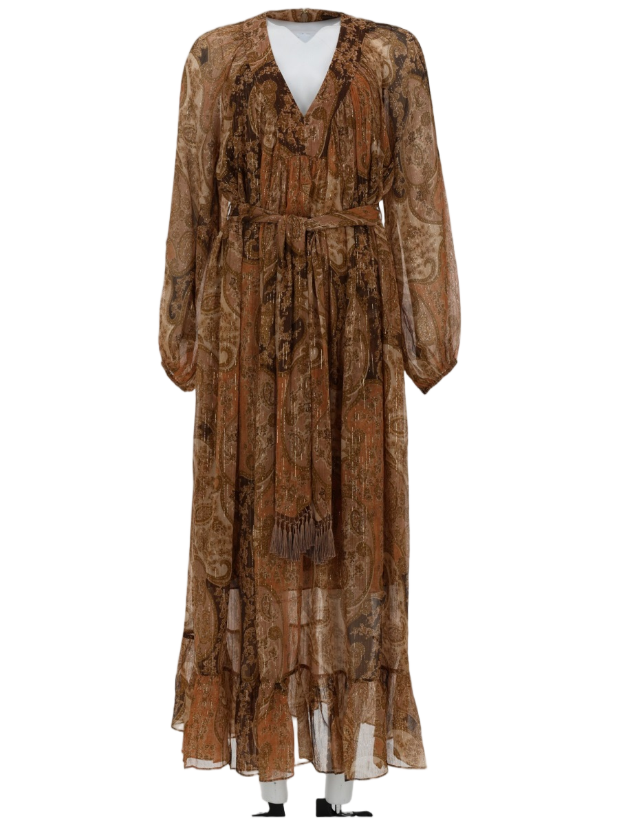 Zimmermann Carousel Linen-Silk Paisley Midi Dress Bruin