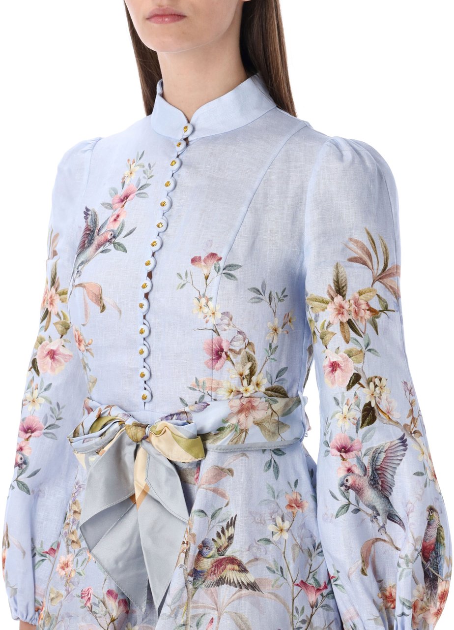 Zimmermann Rebellion Button Mini Dress Flower Print Blue Multi Blauw