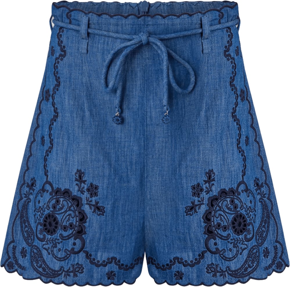 Zimmermann ASTER EMBROIDERED DENIM SHORTS Blauw