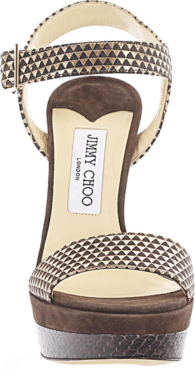 Jimmy Choo Women Sandals Dora Plateau Leather Gold Metallic Suede Brown Python Print - Verdi Beige