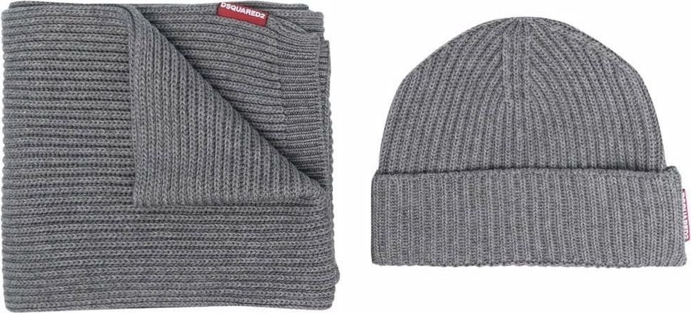 Dsquared2 Logo Tag Beanie And Scarf Set Grijs