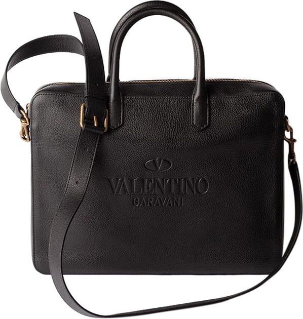 Valentino Black Leather Brief Case Zwart